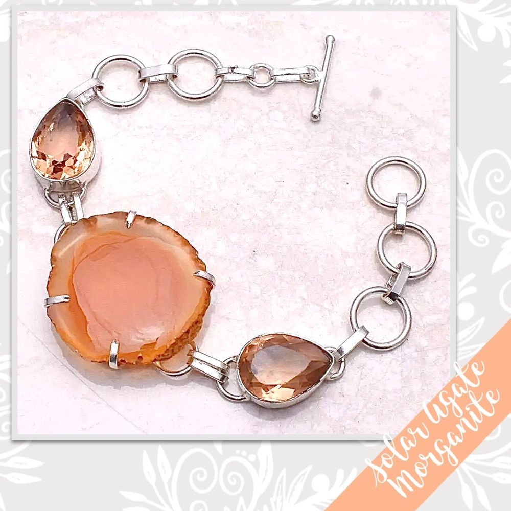 Solar Agate, Morganite Silver Eclectic Artisan Bracelet, Adjustable Orange Peach